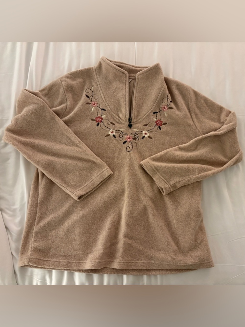 Embroidered Quarter-Zip Fleece Pullover - Taupe with Floral Detail